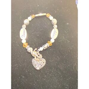 Inspirational Dream Believe Achieve Heart Charm Toggle Bracelet Silver Amber